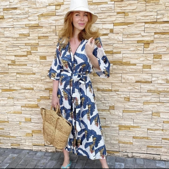 DESMOND & DEMPSEY H&M S Linen-Blend Kaftan Midi Belted Button Up Tropical Dress - Picture 13 of 16